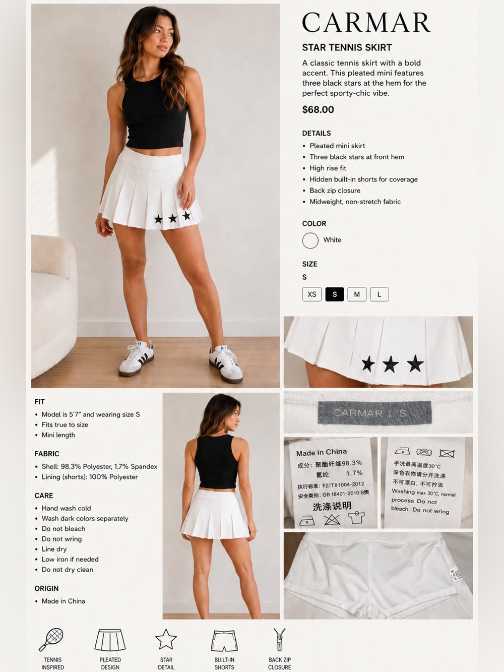 Carmar White Pleated Tennis Skirt with Black Star Details